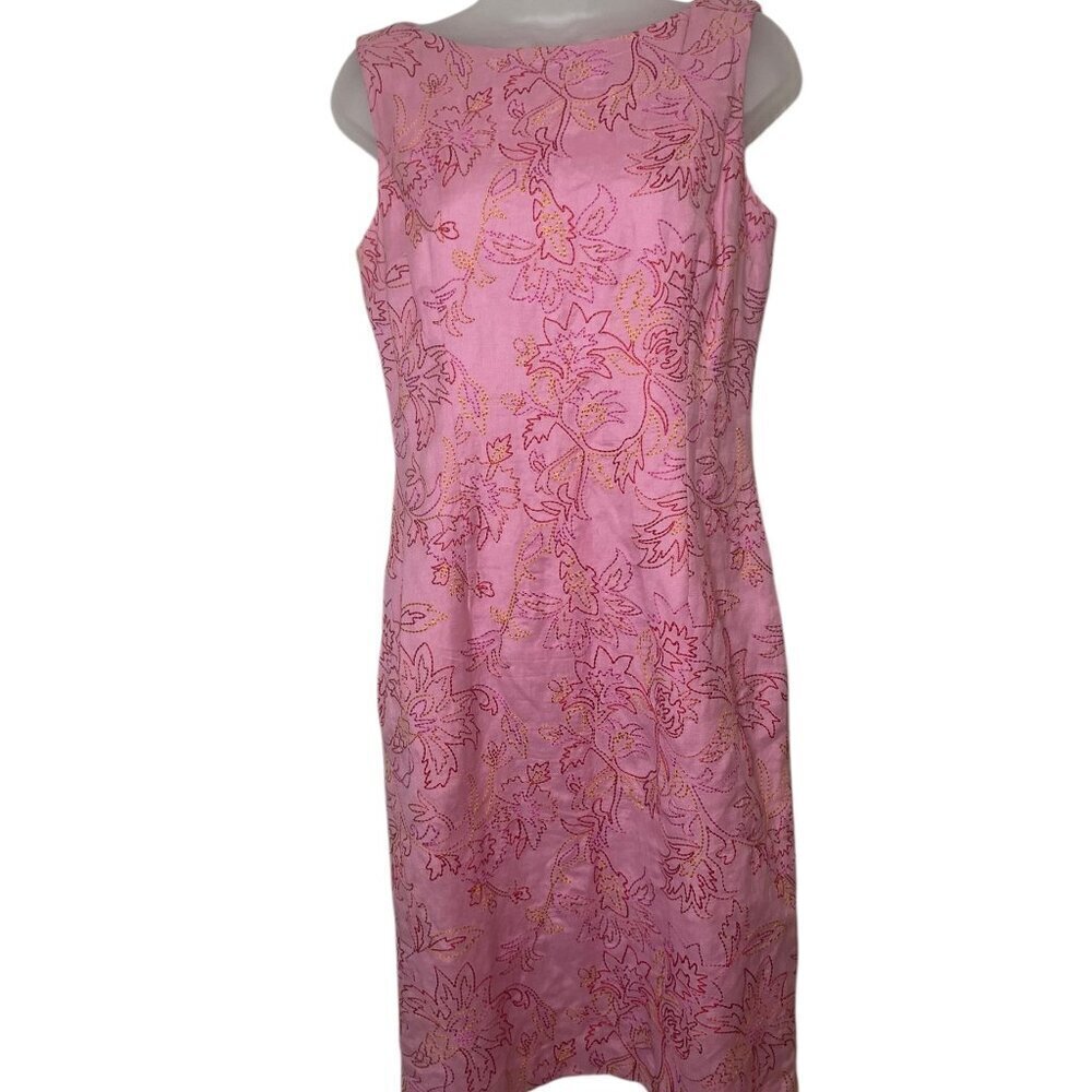 Maggie London Pink Floral Linen Blend Sleeveless Sheath Dress Size 6